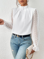 High-Neck Wave-Panel Chiffon Blouse