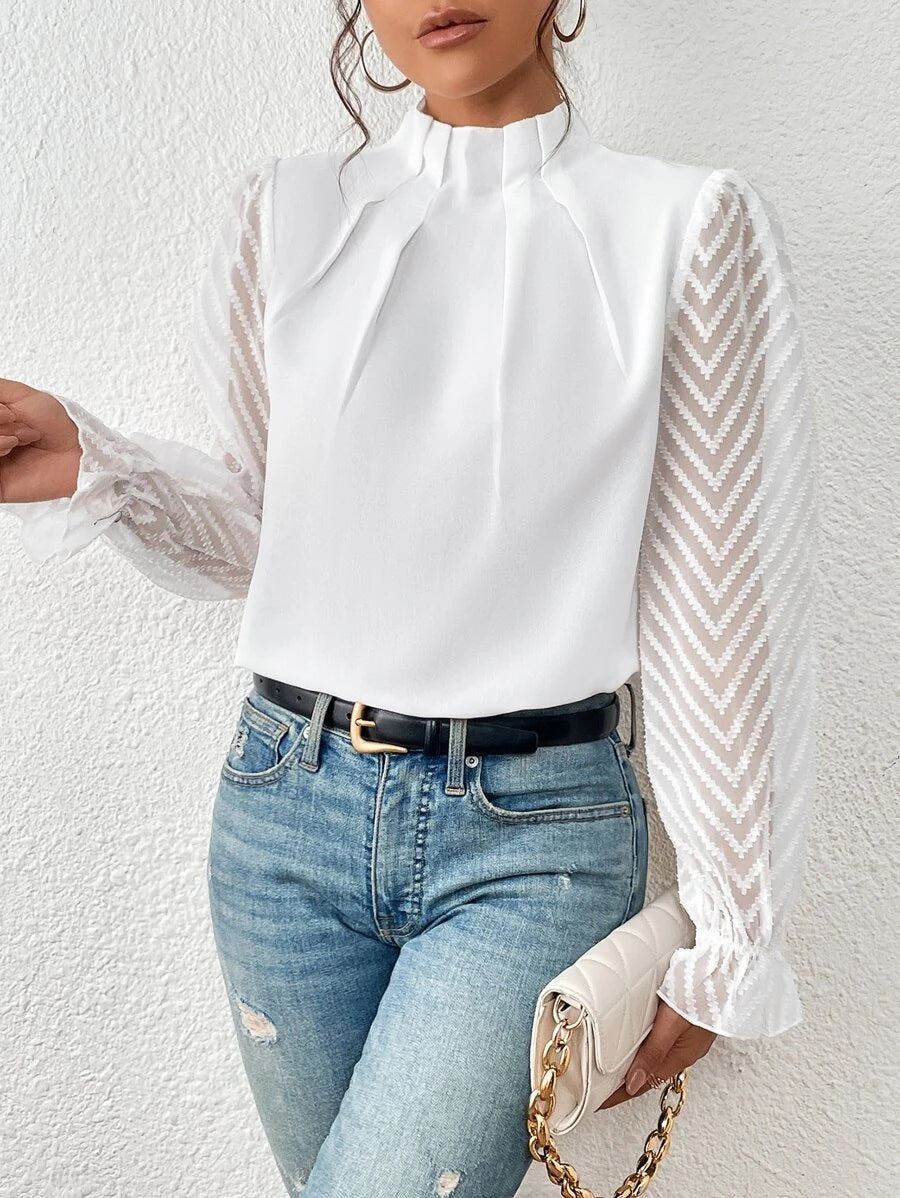 High-Neck Wave-Panel Chiffon Blouse