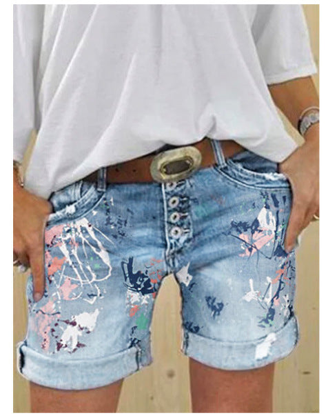 Pantalón corto vaquero de mujer de cintura alta elástico estampado con cierre de botón, talla grande, diseño
