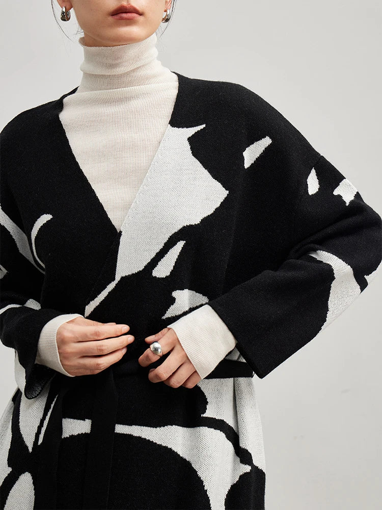 Colour-Block Lace-Up V-Neck Cardigan