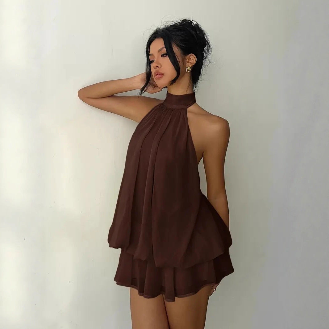 Robe d'été ajustée dos nu à licou et taille nouée, avec jupe courte bouffante pour femme