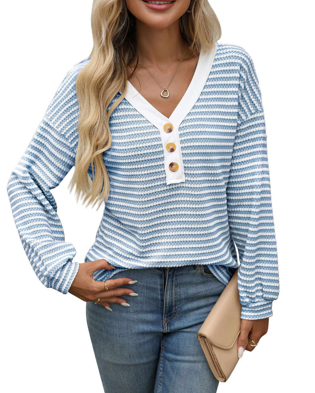 Color-Block V-Neck Button Top