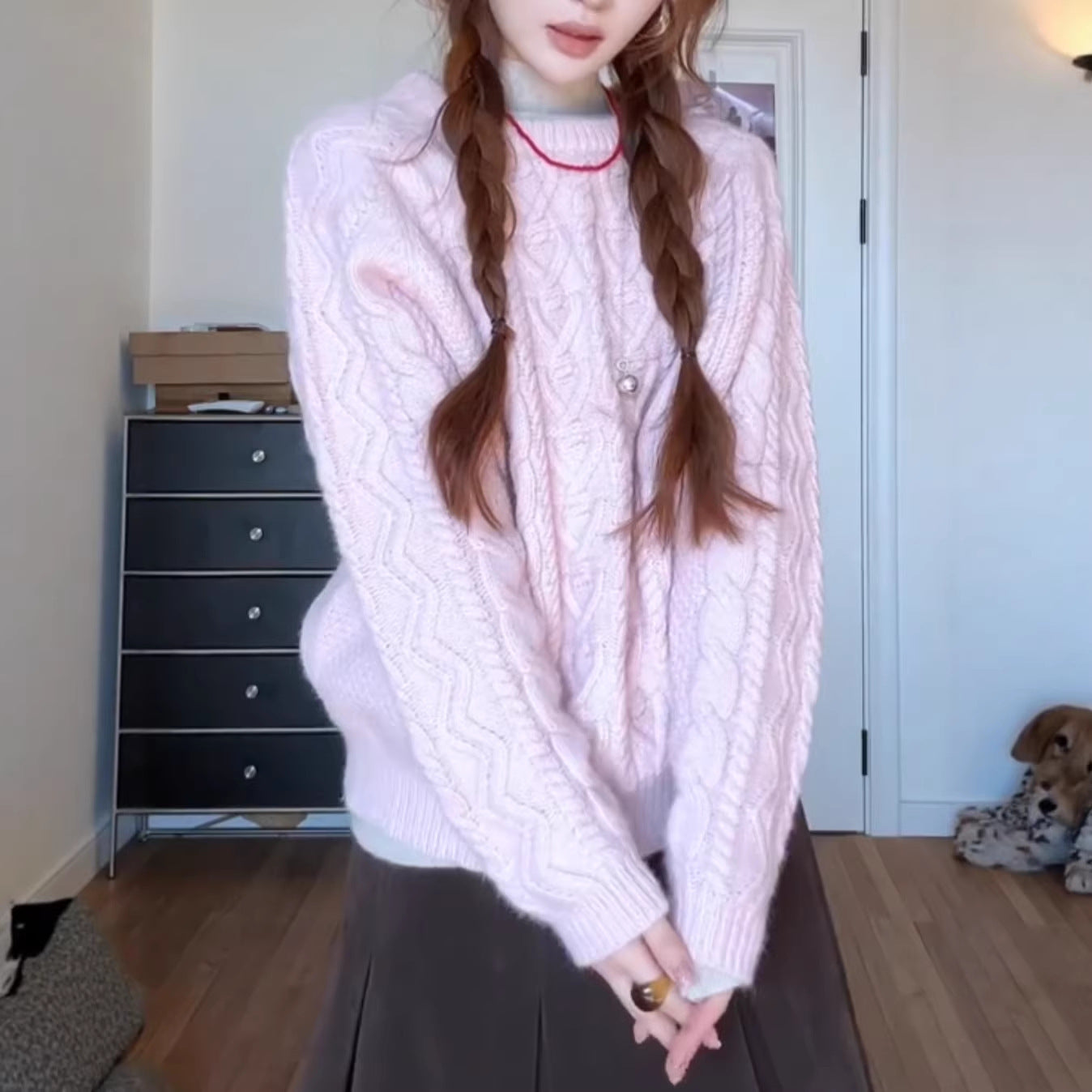 Suéter de punto trenzado rosa anudado para mujer, estilo holgado y grueso