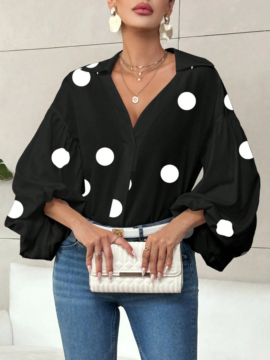 Polka-Dot Puff-Sleeve Blouse