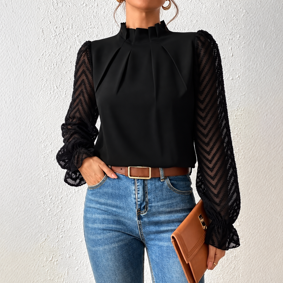 High-Neck Wave-Panel Chiffon Blouse