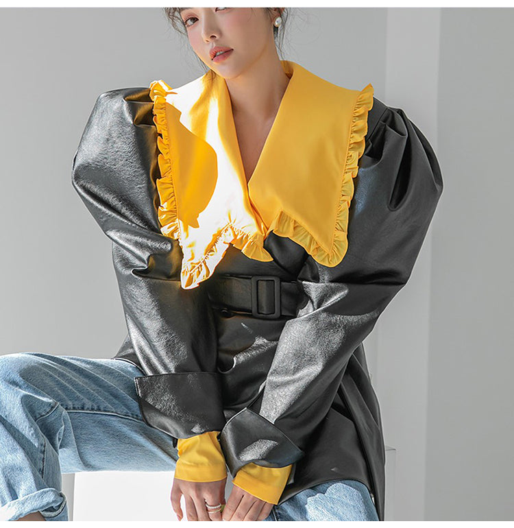 Puff-Sleeve Belted Faux Leather Jacket