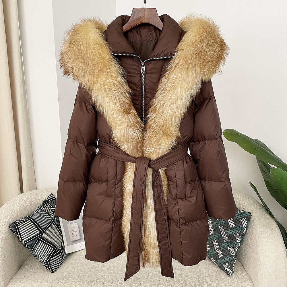 Hooded Down Jacket with Fox Fur Collar - view 17