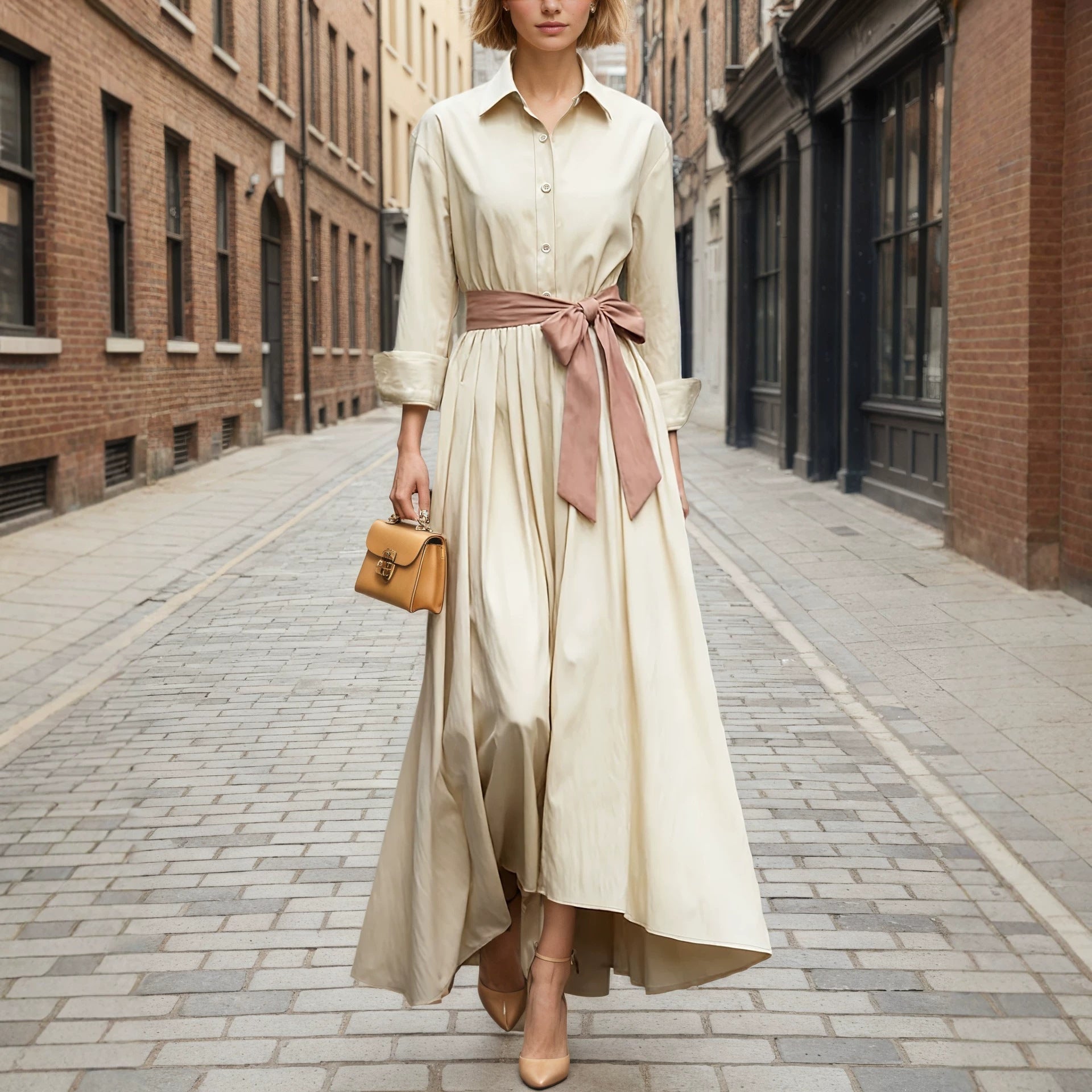 Long-Sleeve Collared Maxi Dress