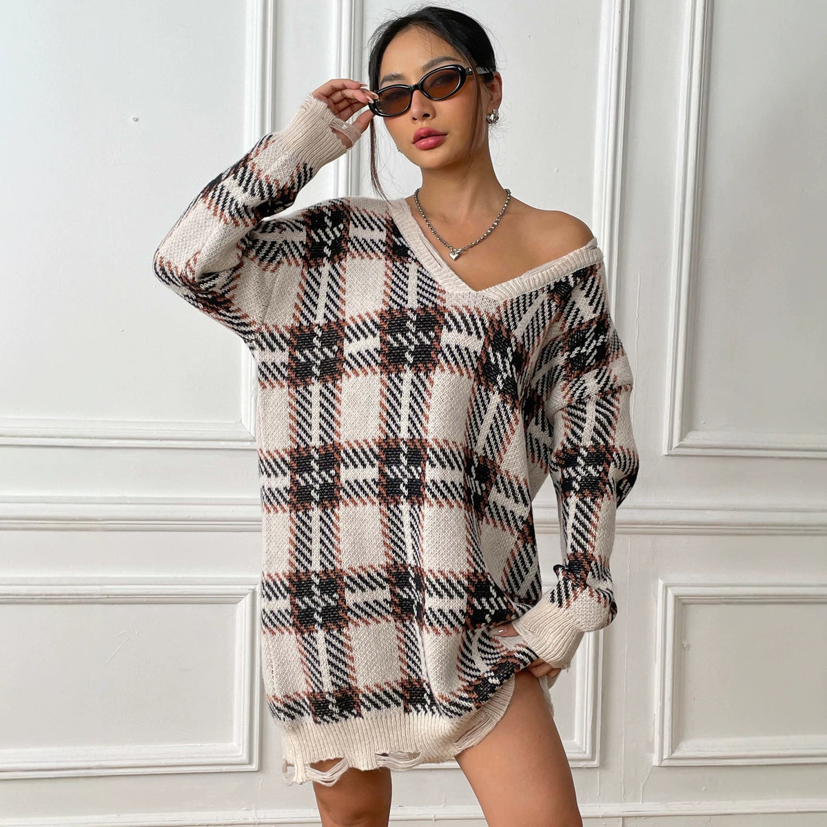 Colour-Block Plaid Knitted Midi Dress - view 5