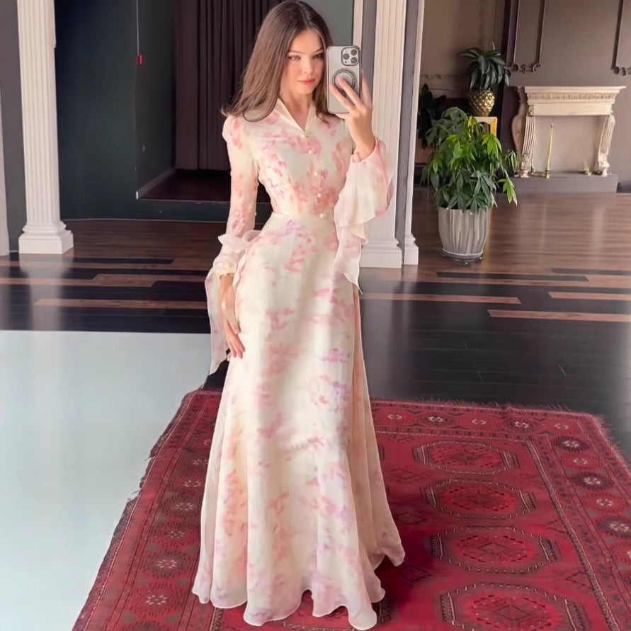 Printed Flared-Sleeve Maxi Dress