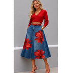 Floral Washed-Denim Midi Skirt