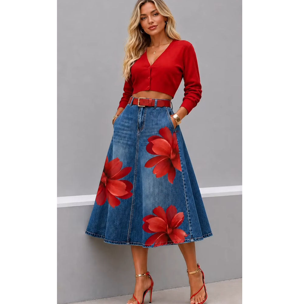 Floral Washed-Denim Midi Skirt