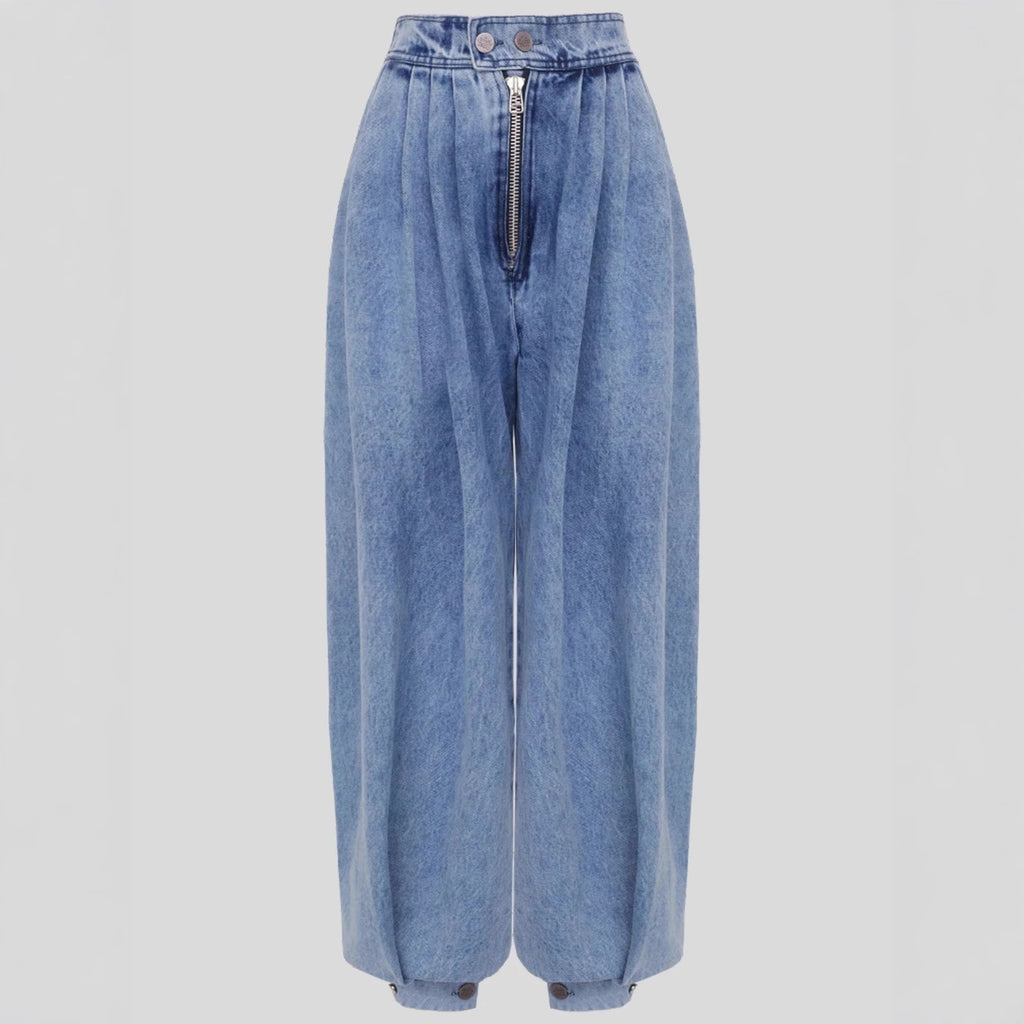 Jean taille haute à jambes zippées et nouées