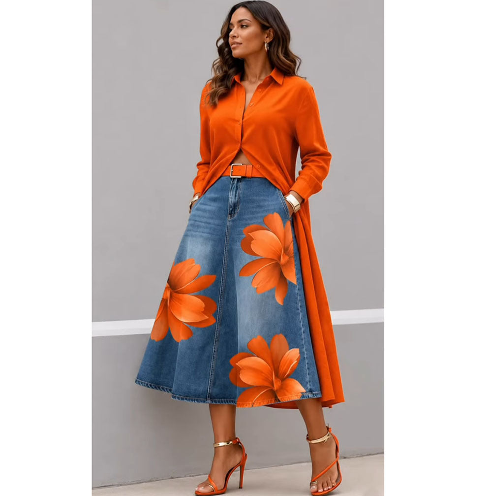 Floral Washed-Denim Midi Skirt — product image 16