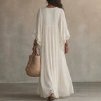 Robe longue de plage en patchwork de dentelle, col en V, pour les vacances