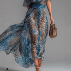 Robe longue en mousseline de soie à imprimé léopard, avec épaule asymétrique, volants et taille ajustée, parfaite pour les vacances