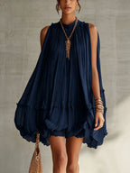 Robe trapèze plissée sans manches pour femme avec ourlet volanté et fronces