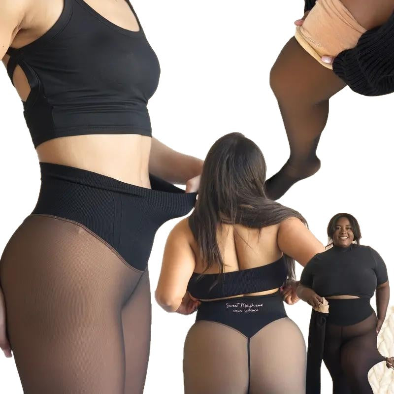 Un legging couleur chair translucide intégré à un collant polaire sans entrejambe