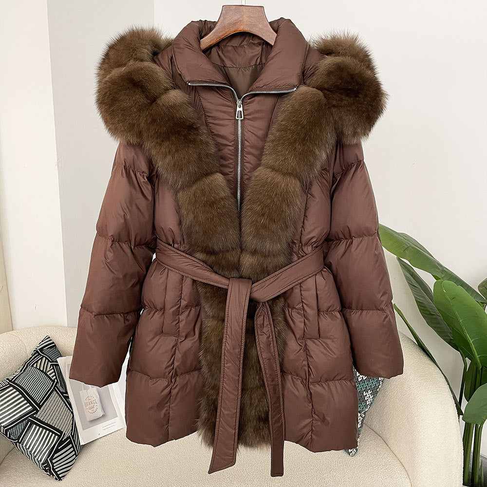 Hooded Down Jacket with Fox Fur Collar - view 21