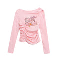 Top básico con estampado de dibujos animados y hombros descubiertos, top de estilo dulce y picante que estiliza la cintura con fruncido en un solo hombro