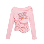 Top básico con estampado de dibujos animados y hombros descubiertos, top de estilo dulce y picante que estiliza la cintura con fruncido en un solo hombro