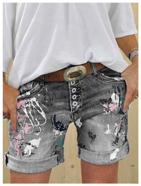 Pantalón corto vaquero de mujer de cintura alta elástico estampado con cierre de botón, talla grande, diseño