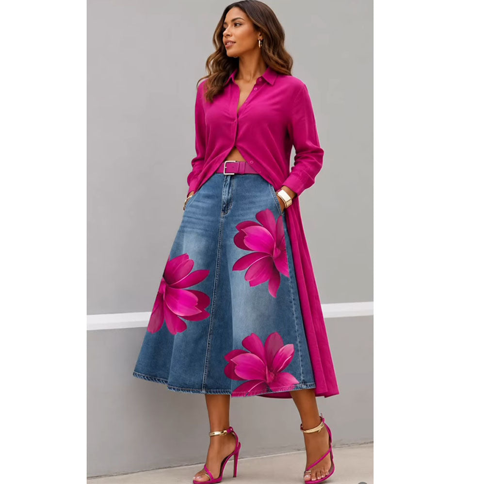Floral Washed-Denim Midi Skirt
