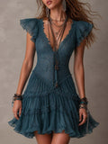 Robe Femme en Dentelle à Manches Papillon, Taille Ajustée avec Nœud, Mini-Jupe en Tulle Étages