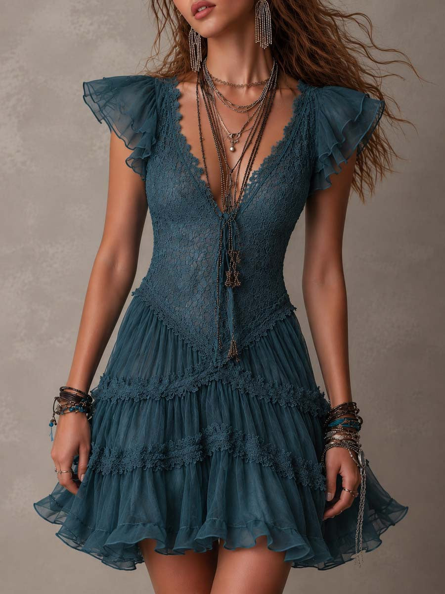 Robe Femme en Dentelle à Manches Papillon, Taille Ajustée avec Nœud, Mini-Jupe en Tulle Étages