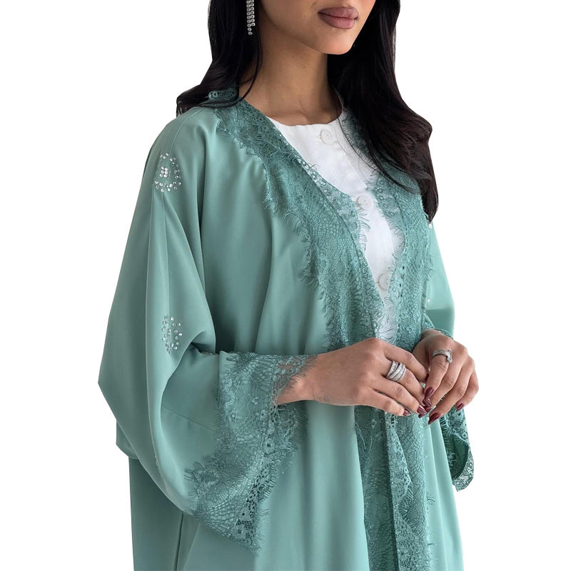Lace-Panel Longline Kaftan Coat