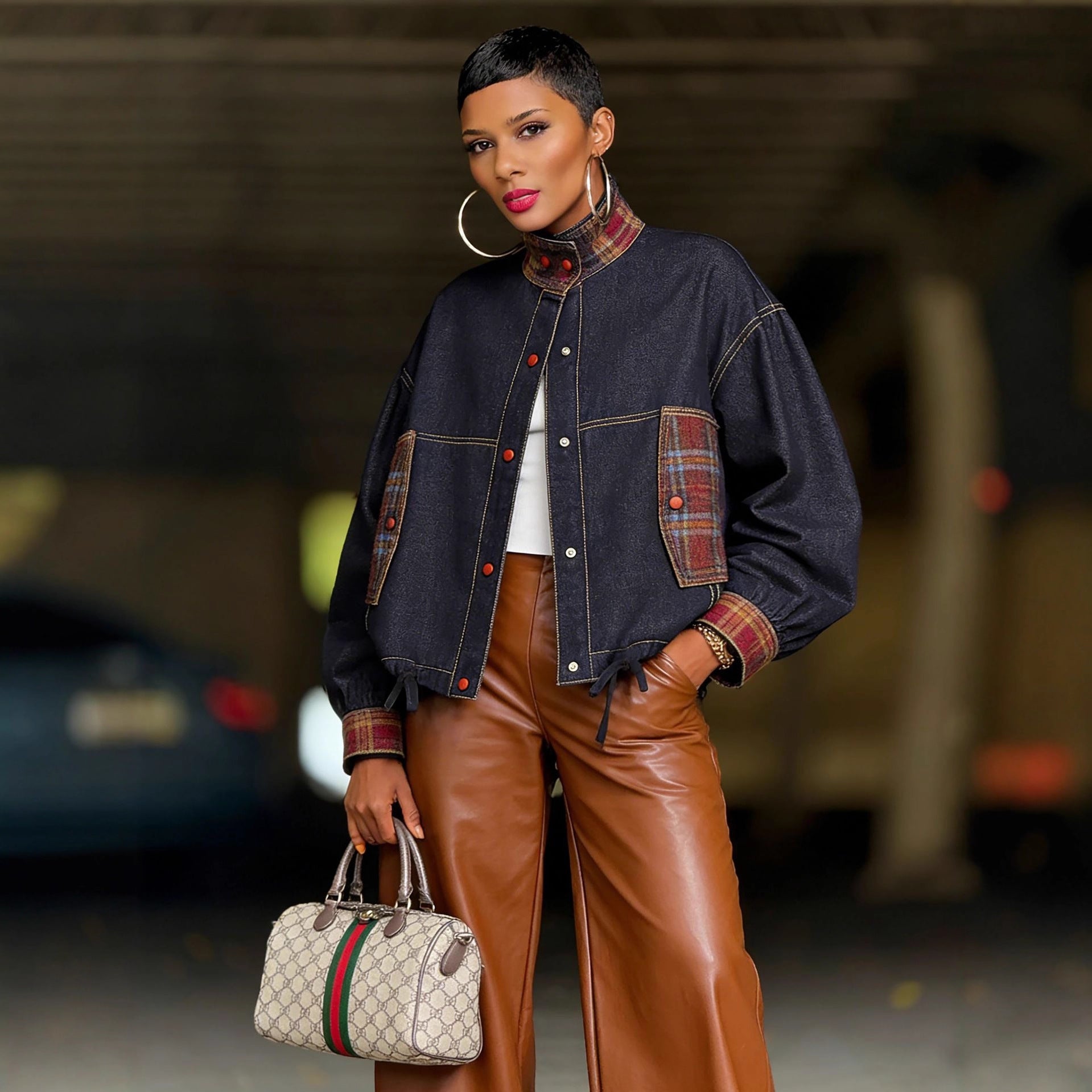 Plaid Patchwork Denim Jacket