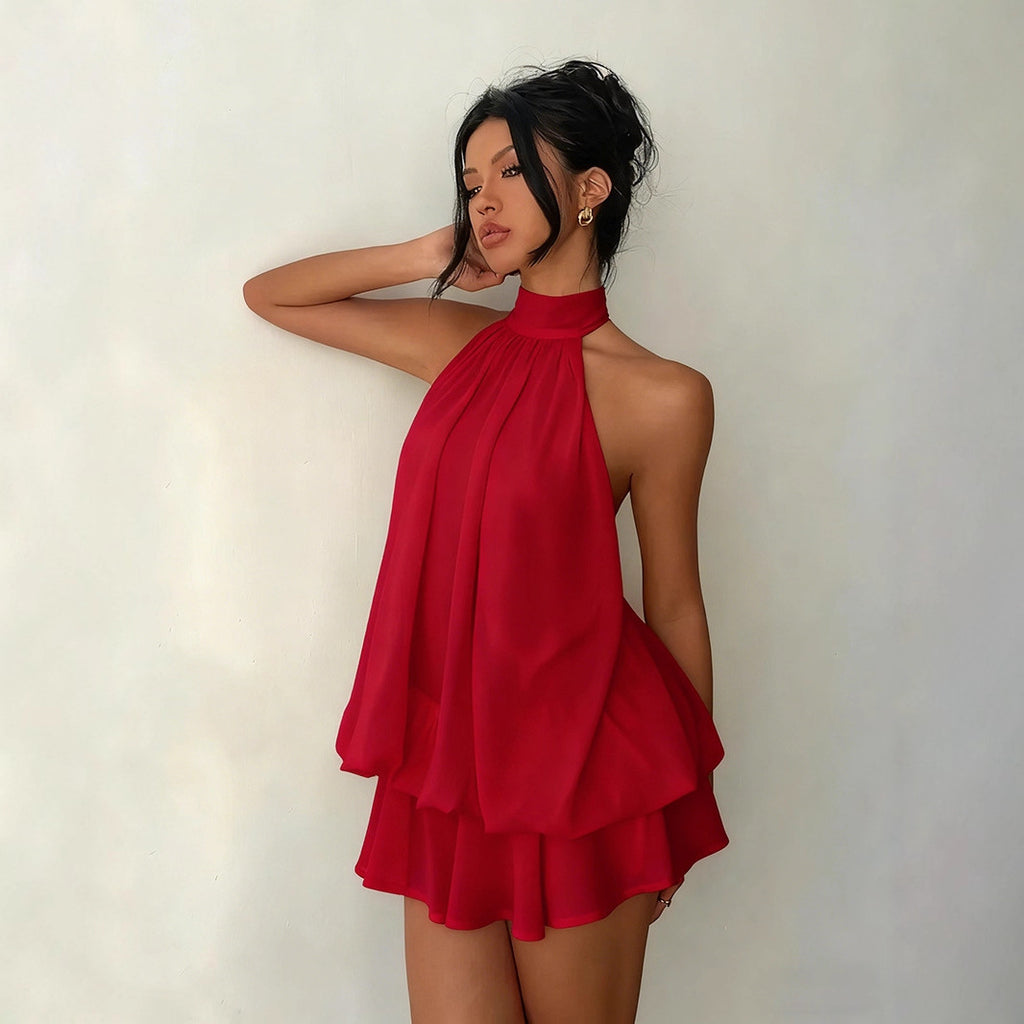 Robe d'été ajustée dos nu à licou et taille nouée, avec jupe courte bouffante pour femme