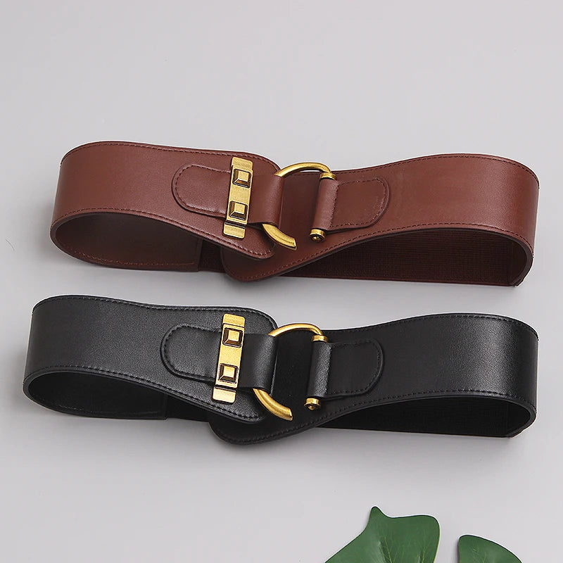 Wide gold-buckle waist belt full view