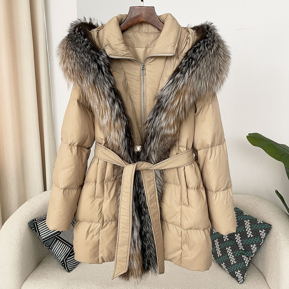Hooded Down Jacket with Fox Fur Collar - view 14