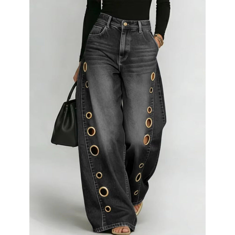 Eyelet High-Waist Wide-Leg Jeans