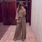 Conjunto de pantalón holgado con cuello en V y cordones de color liso