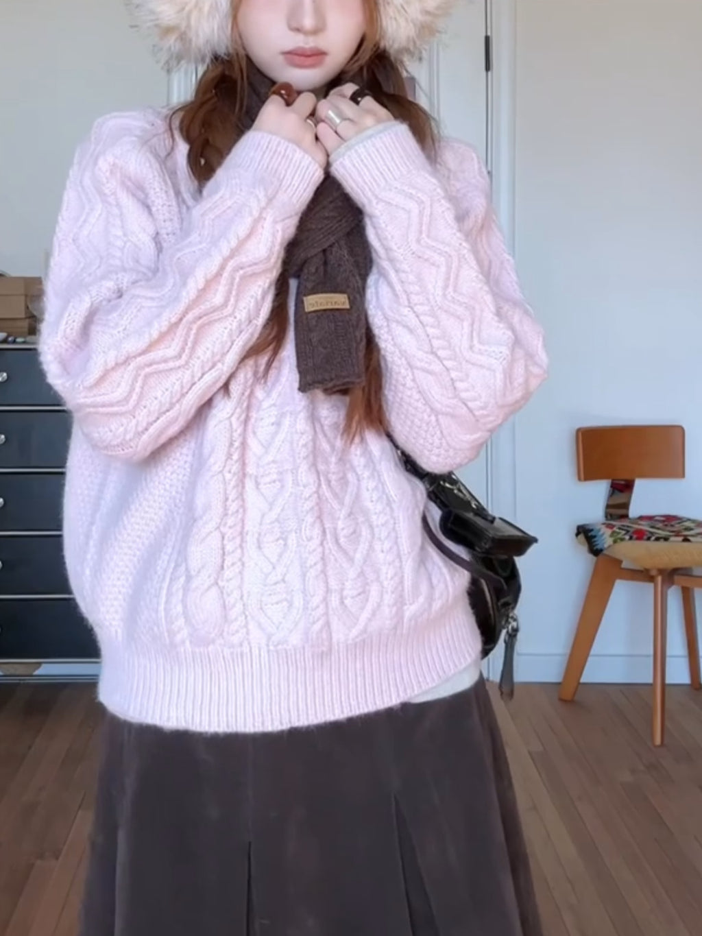 Suéter de punto trenzado rosa anudado para mujer, estilo holgado y grueso