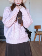 Suéter de punto trenzado rosa anudado para mujer, estilo holgado y grueso