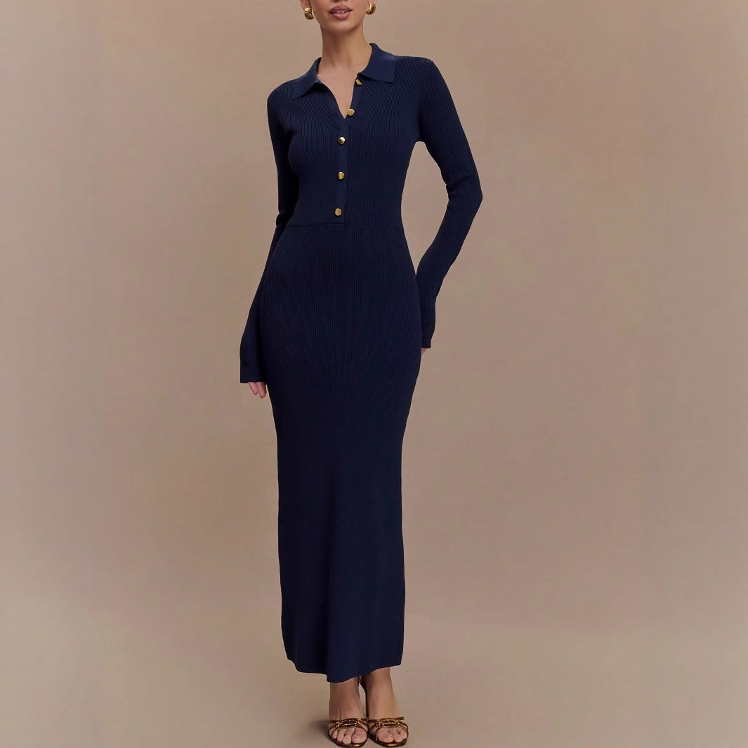 Button-Front Collared Knit Dress