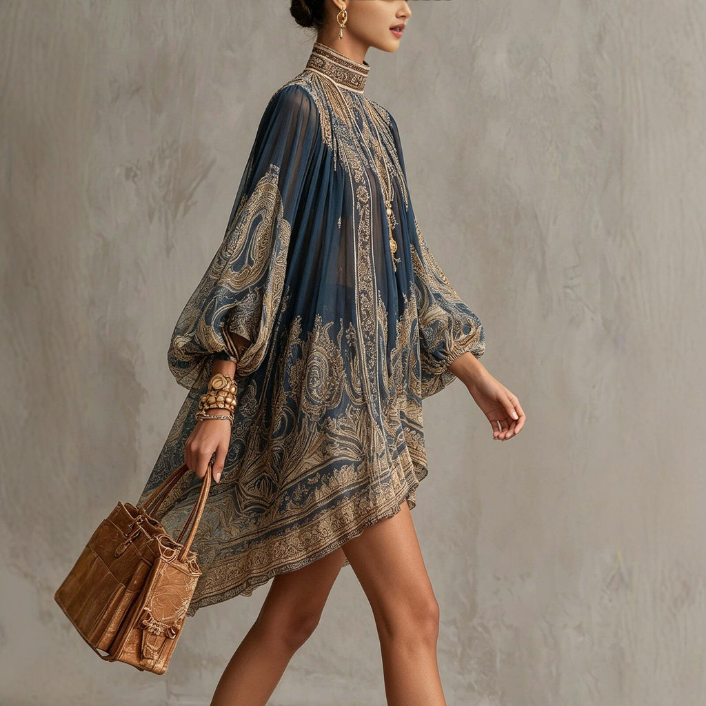 Printed High-Neck Long-Sleeve Dress