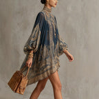 Printed High-Neck Long-Sleeve Dress