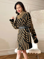 Striped Turtleneck Belted Sweater