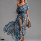 Robe longue en mousseline de soie à imprimé léopard, avec épaule asymétrique, volants et taille ajustée, parfaite pour les vacances