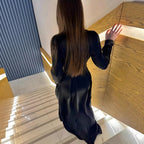 Buttoned-Waist Long-Sleeve Maxi Dress