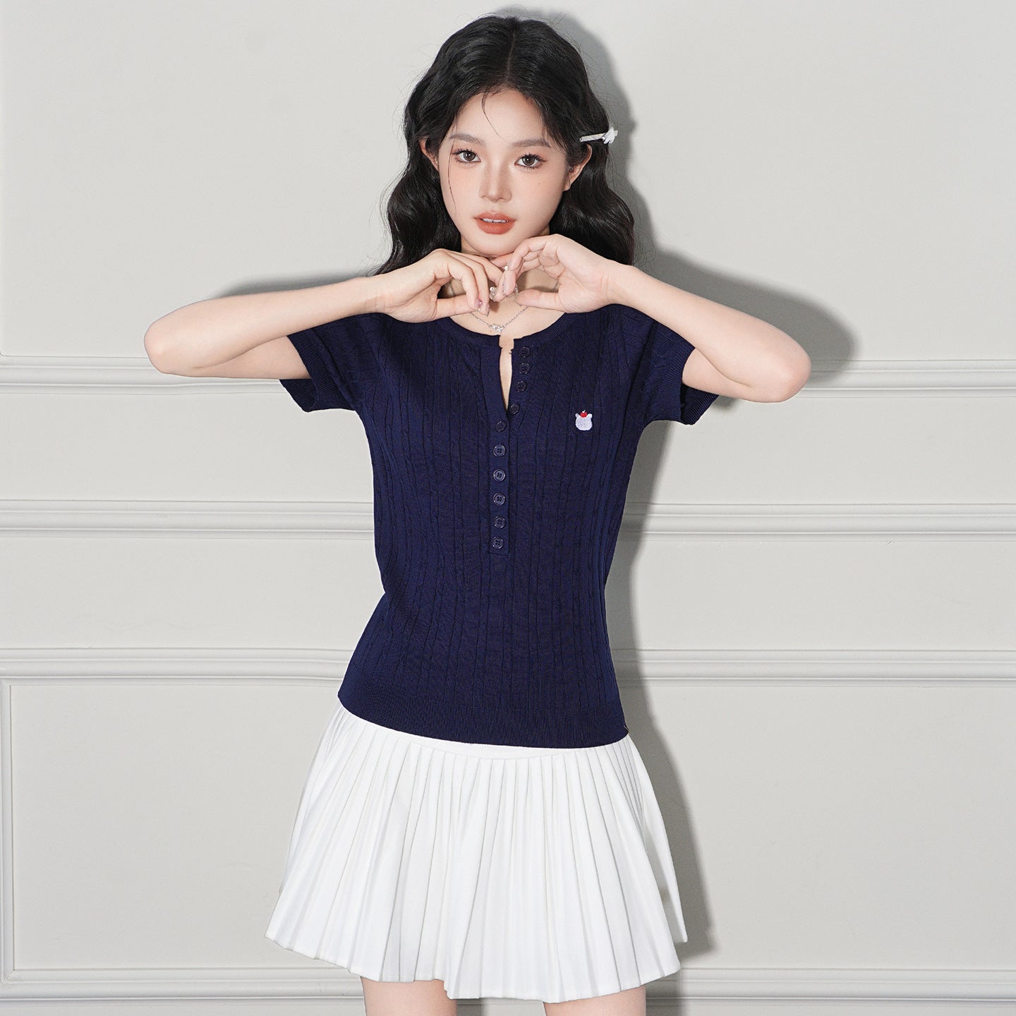 Cable-Knit V-Neck Short-Sleeve Top