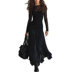 Robe longue transparente noire élégante en maille pour femme à manches longues