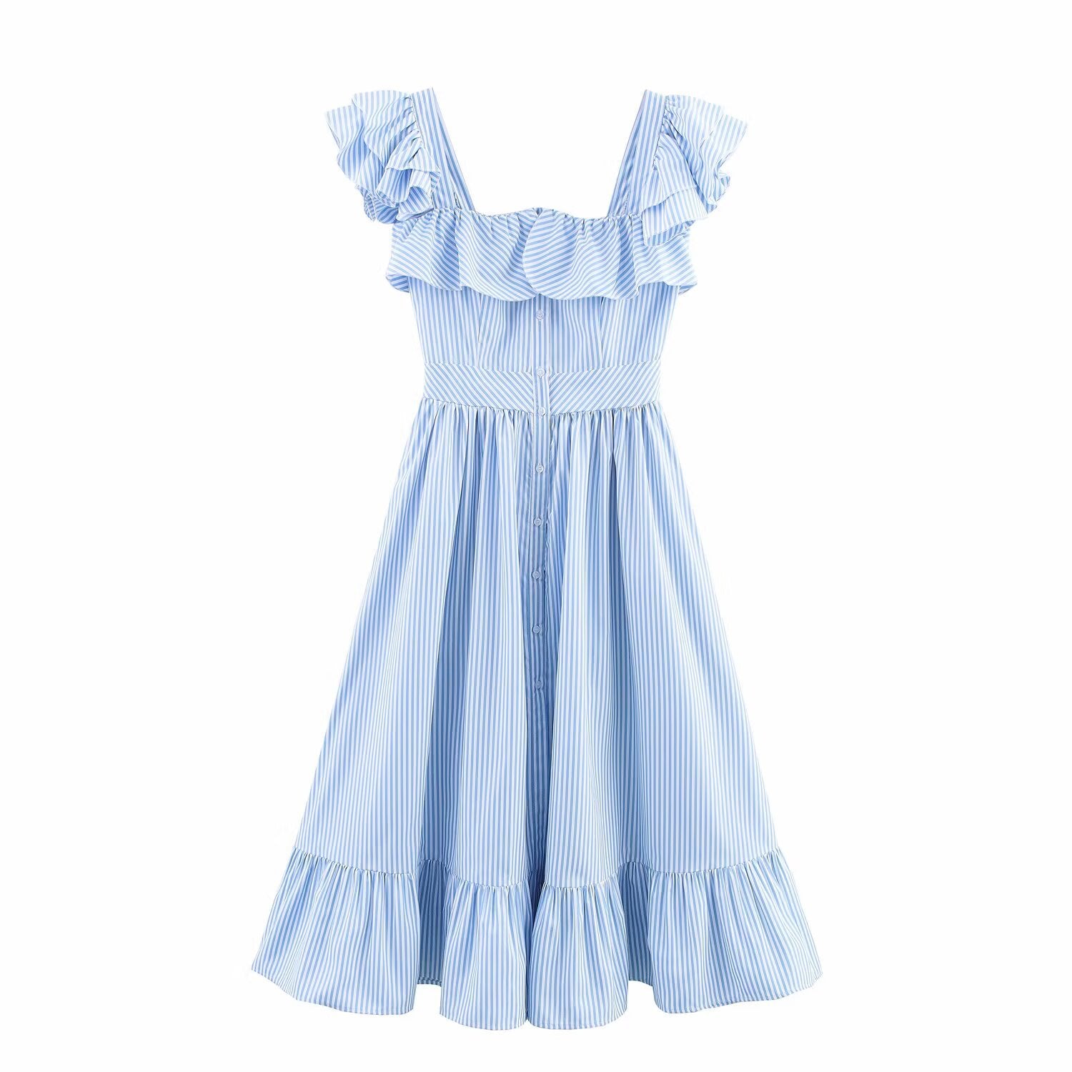 Robe rayée cintrée à simple boutonnage et volants