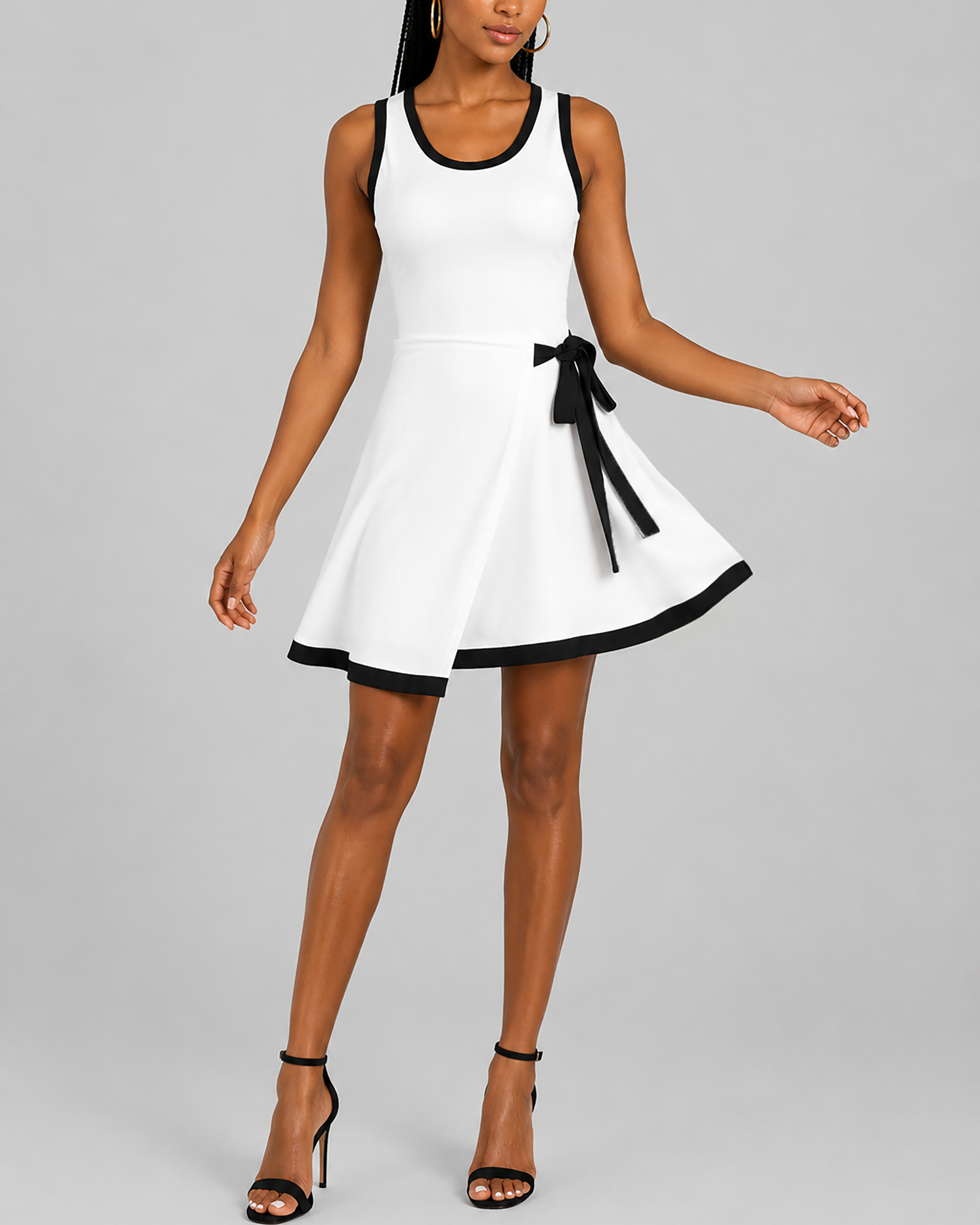 Robe sans manches élastique pour femme, à empiècements de couleurs contrastées, col carré et jupe effet double couche
