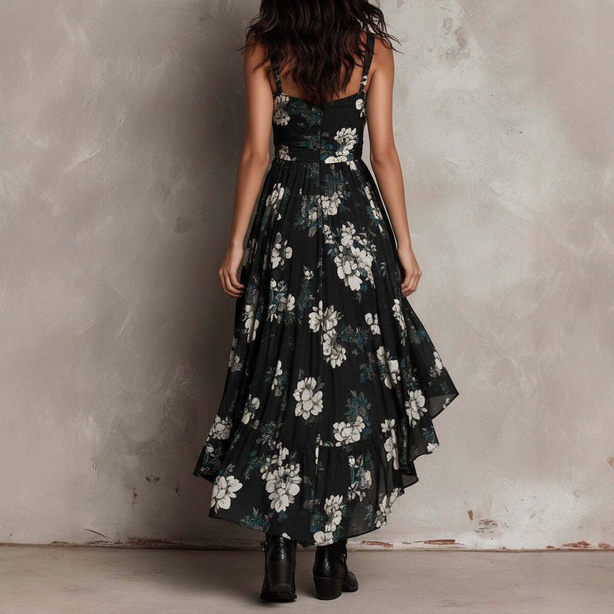 Robe-camisole imprimée nouveau style pour femme, col en V, taille cintrée, jupe longue fendue, robe de vacances