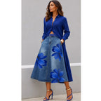 Floral Washed-Denim Midi Skirt
